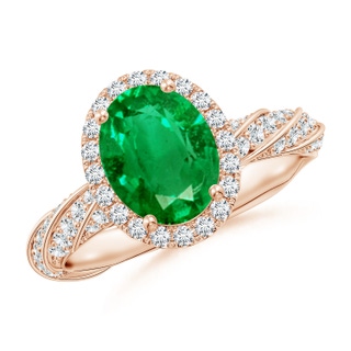 9x7mm AAA Oval Emerald Halo Twisted Rope Shank Engagement Ring in 18K Rose Gold
