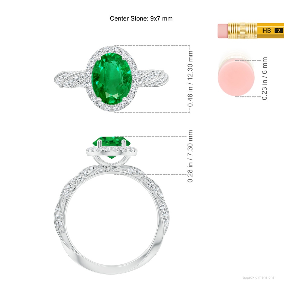 9x7mm AAA Oval Emerald Halo Twisted Rope Shank Engagement Ring in P950 Platinum ruler