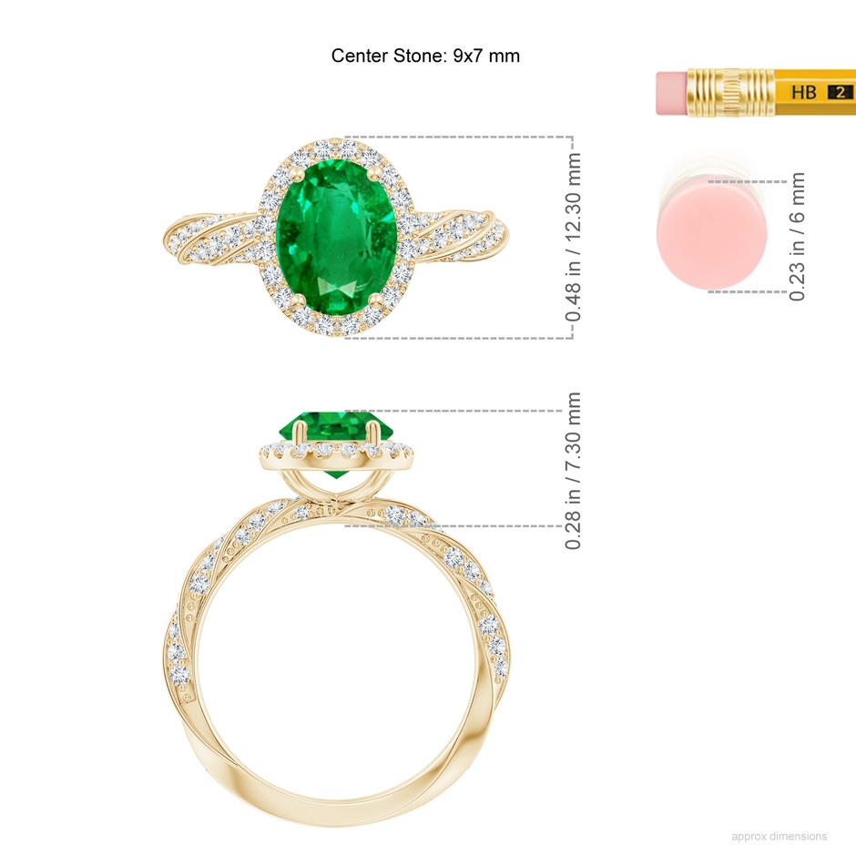 9x7mm AAA Oval Emerald Halo Twisted Rope Shank Engagement Ring in Yellow Gold ruler