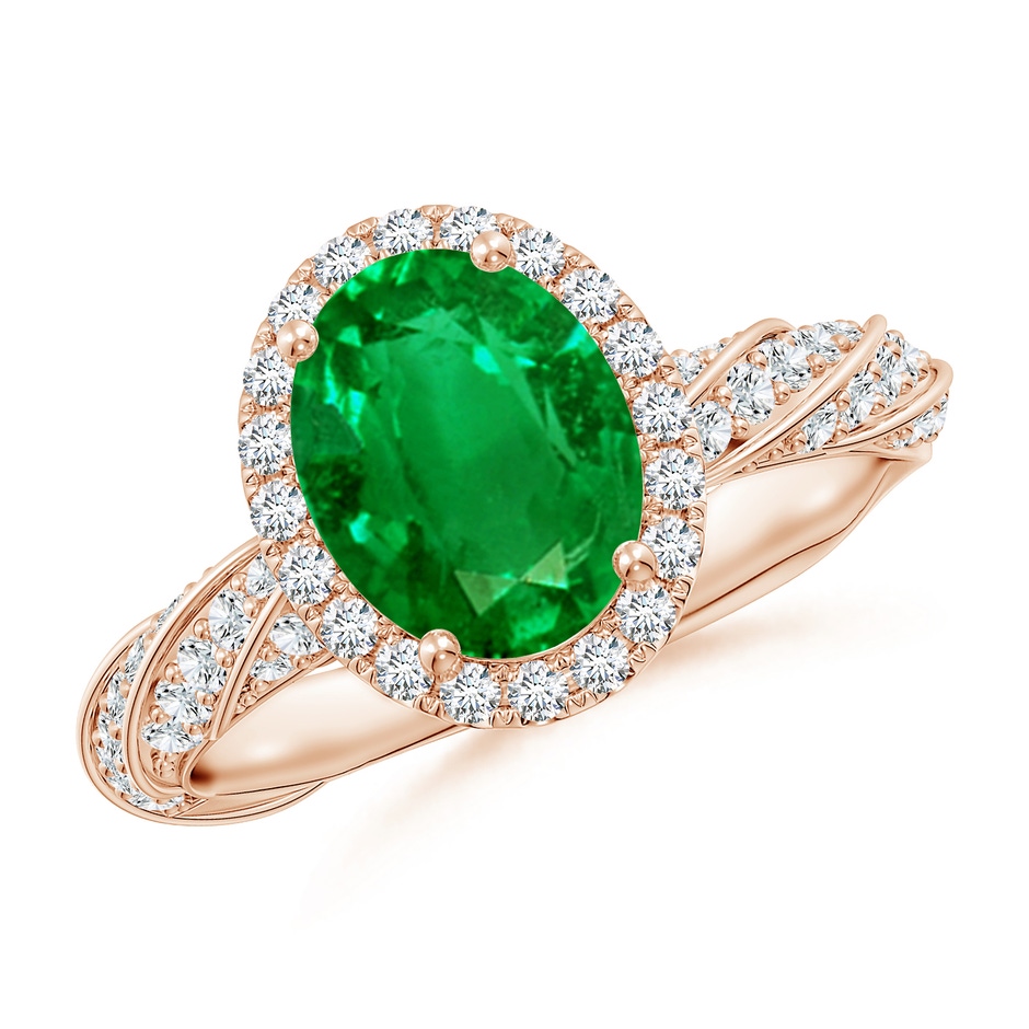 9x7mm AAAA Oval Emerald Halo Twisted Rope Shank Engagement Ring in 18K Rose Gold 