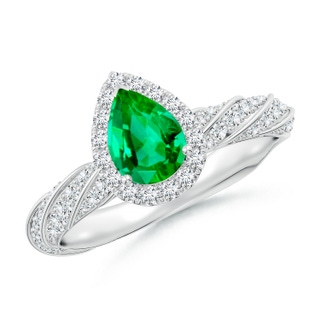 7x5mm AAA Pear Emerald Halo Twisted Rope Shank Engagement Ring in White Gold