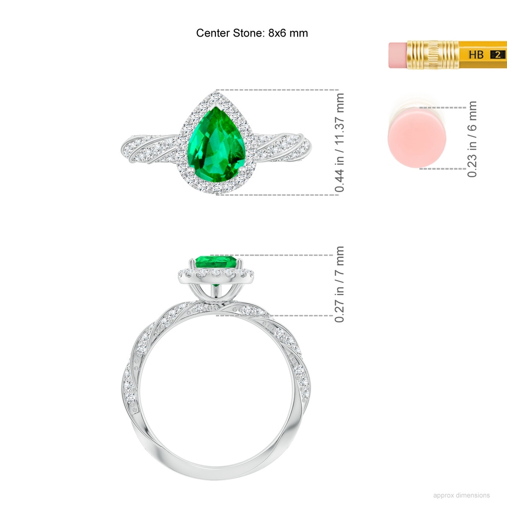 8x6mm AAA Pear Emerald Halo Twisted Rope Shank Engagement Ring in White Gold ruler