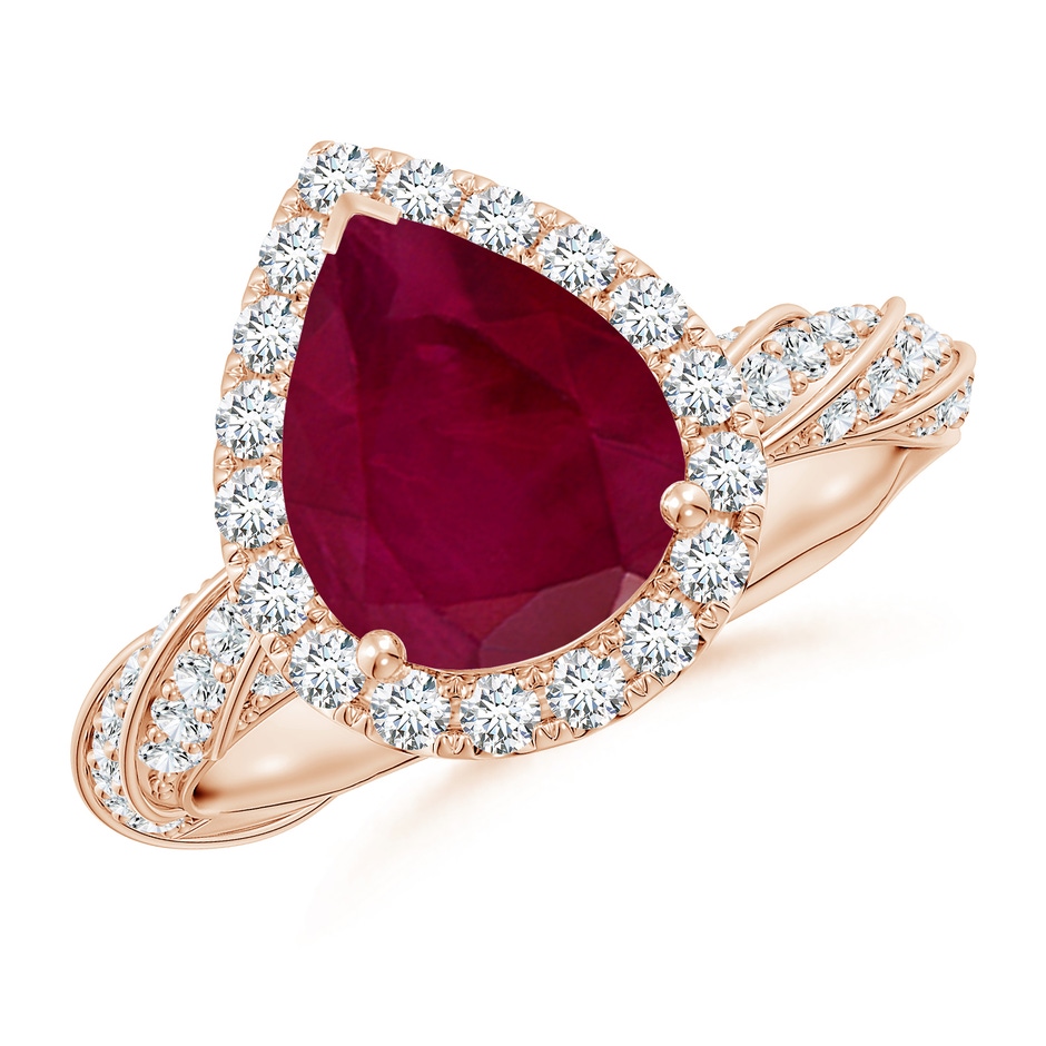 10x8mm A Pear Ruby Halo Twisted Rope Shank Engagement Ring in Rose Gold 