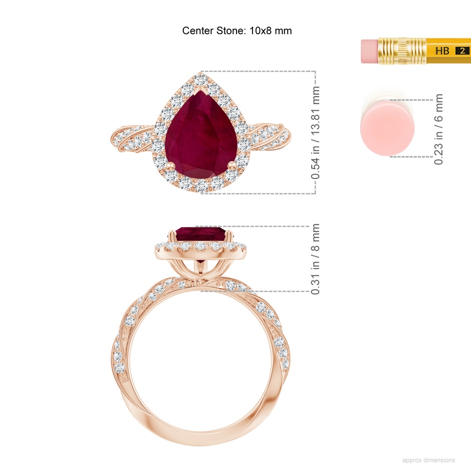 10x8mm A Pear Ruby Halo Twisted Rope Shank Engagement Ring in Rose Gold ruler