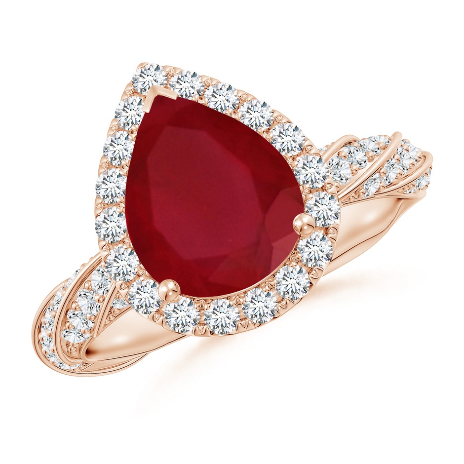 10x8mm AA Pear Ruby Halo Twisted Rope Shank Engagement Ring in 18K Rose Gold 