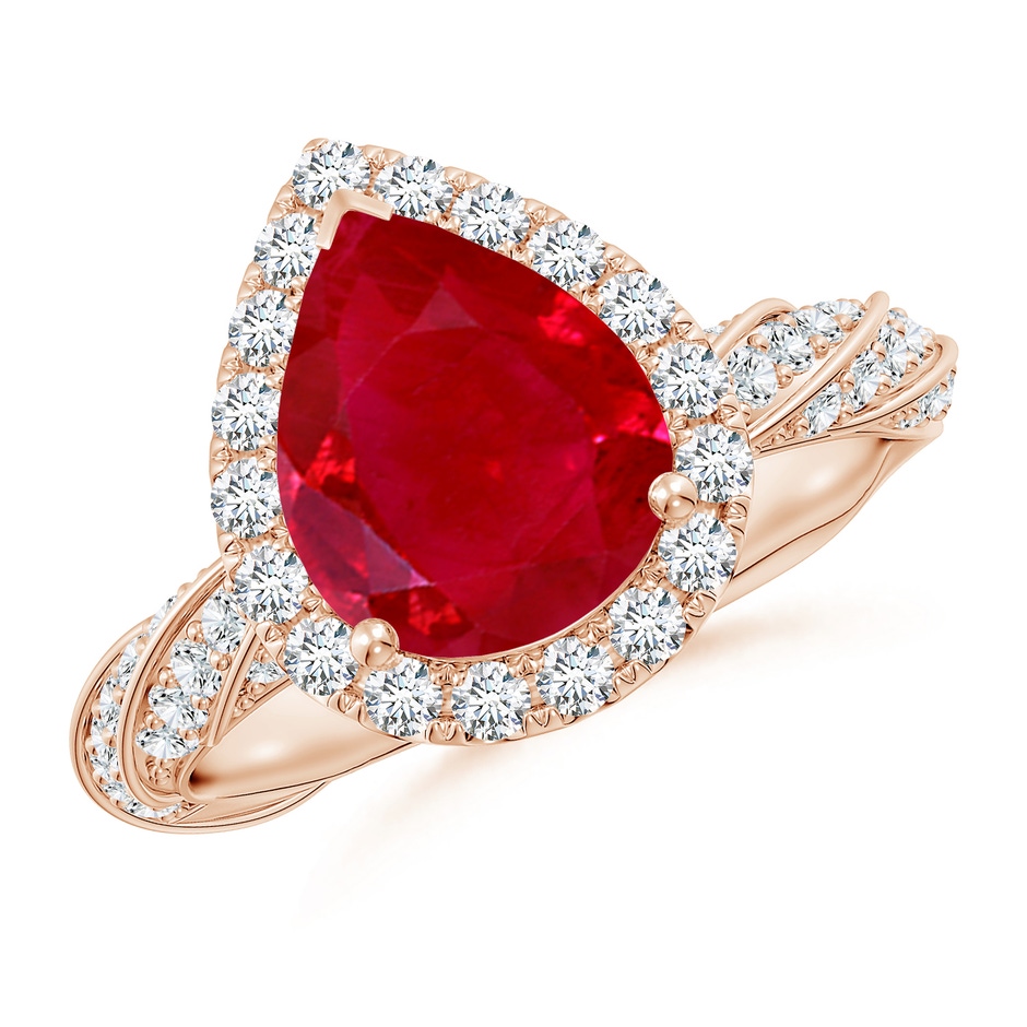 10x8mm AAA Pear Ruby Halo Twisted Rope Shank Engagement Ring in Rose Gold 