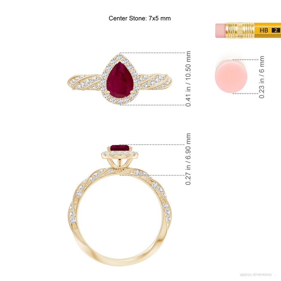 7x5mm A Pear Ruby Halo Twisted Rope Shank Engagement Ring in Yellow Gold ruler