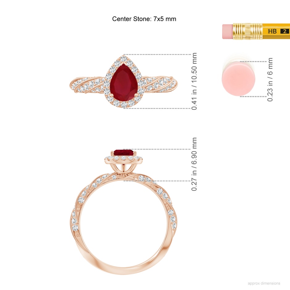 7x5mm AA Pear Ruby Halo Twisted Rope Shank Engagement Ring in Rose Gold ruler