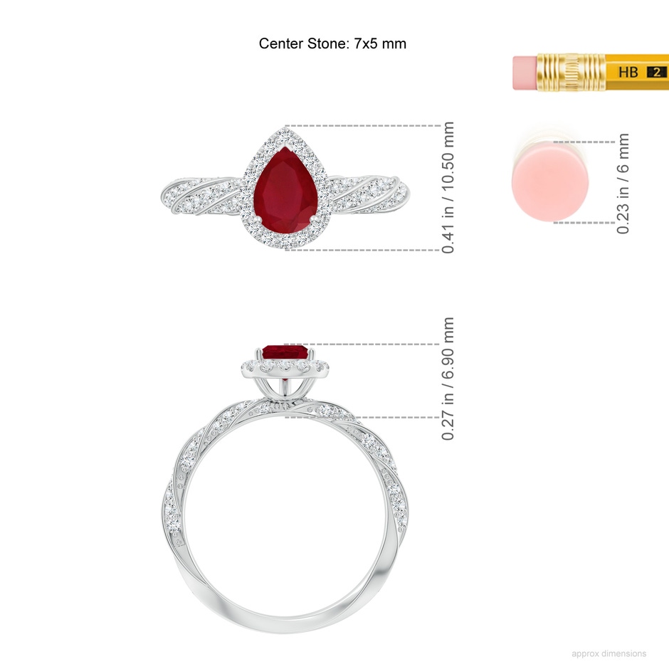 7x5mm AA Pear Ruby Halo Twisted Rope Shank Engagement Ring in White Gold ruler