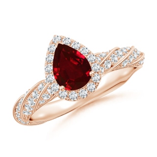 7x5mm AAAA Pear Ruby Halo Twisted Rope Shank Engagement Ring in 18K Rose Gold