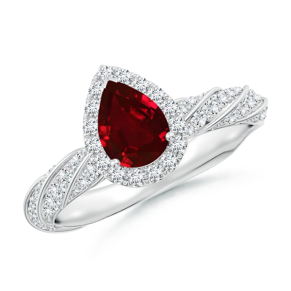 7x5mm AAAA Pear Ruby Halo Twisted Rope Shank Engagement Ring in White Gold 