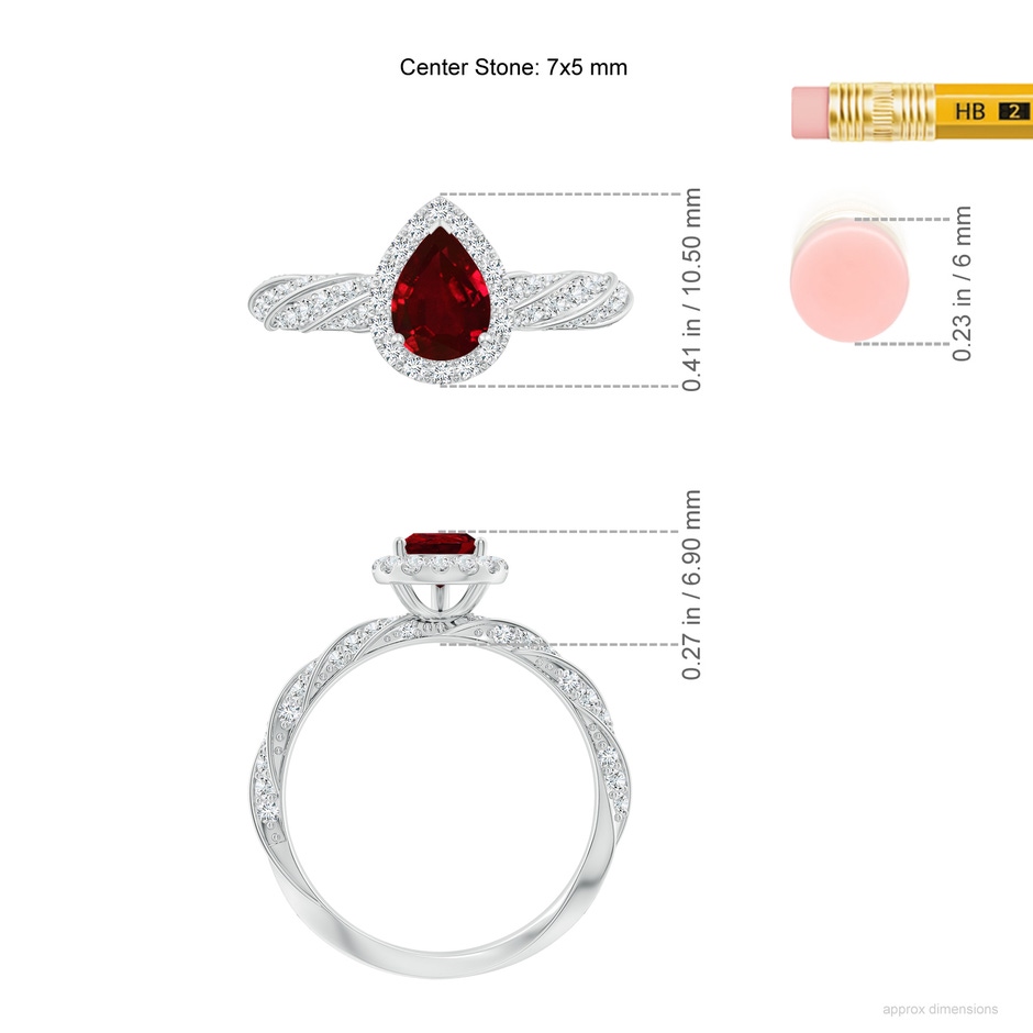 7x5mm AAAA Pear Ruby Halo Twisted Rope Shank Engagement Ring in White Gold ruler