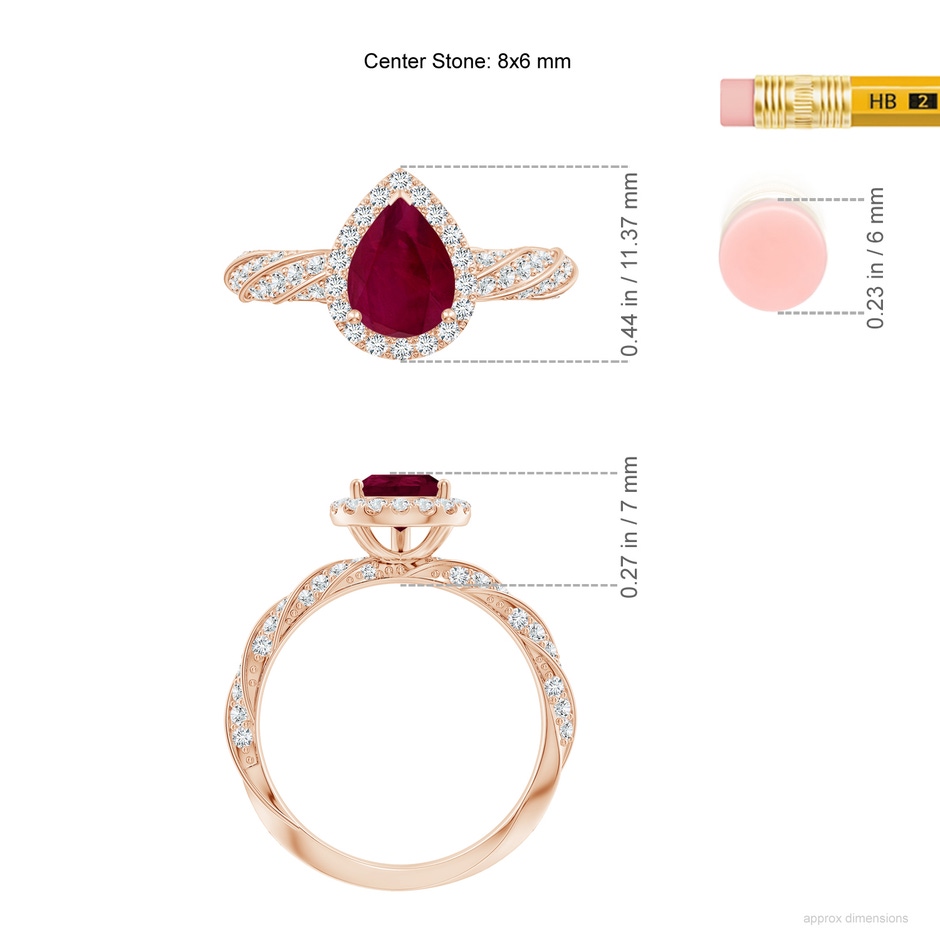 8x6mm A Pear Ruby Halo Twisted Rope Shank Engagement Ring in Rose Gold ruler