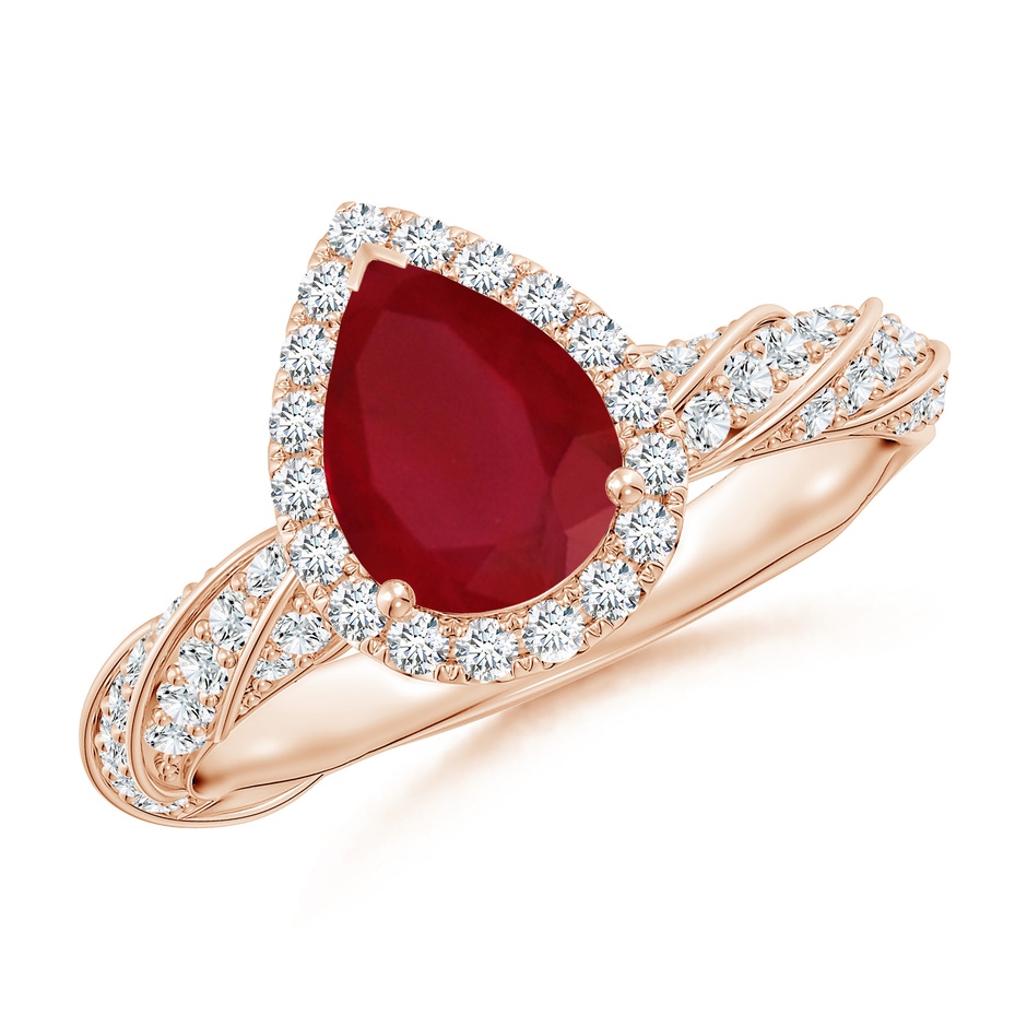 8x6mm AA Pear Ruby Halo Twisted Rope Shank Engagement Ring in Rose Gold 