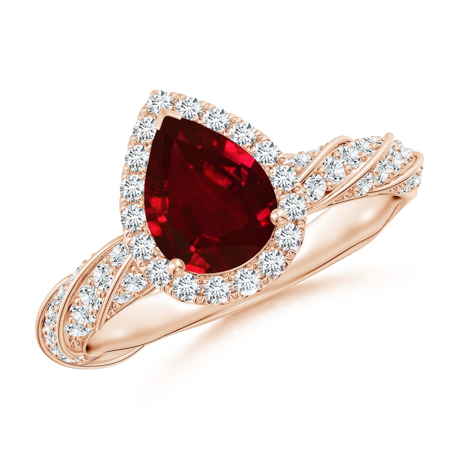 8x6mm AAAA Pear Ruby Halo Twisted Rope Shank Engagement Ring in 18K Rose Gold 