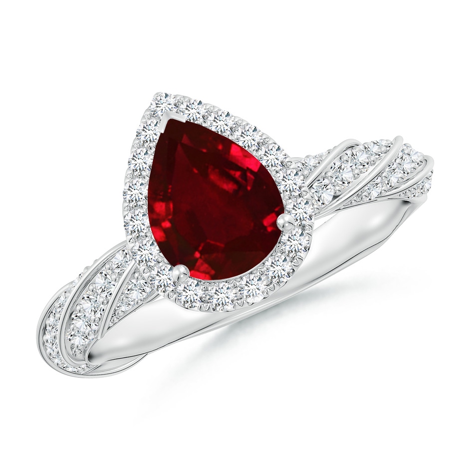 8x6mm AAAA Pear Ruby Halo Twisted Rope Shank Engagement Ring in P950 Platinum 