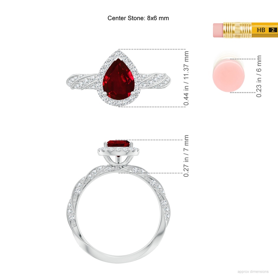 8x6mm AAAA Pear Ruby Halo Twisted Rope Shank Engagement Ring in P950 Platinum ruler
