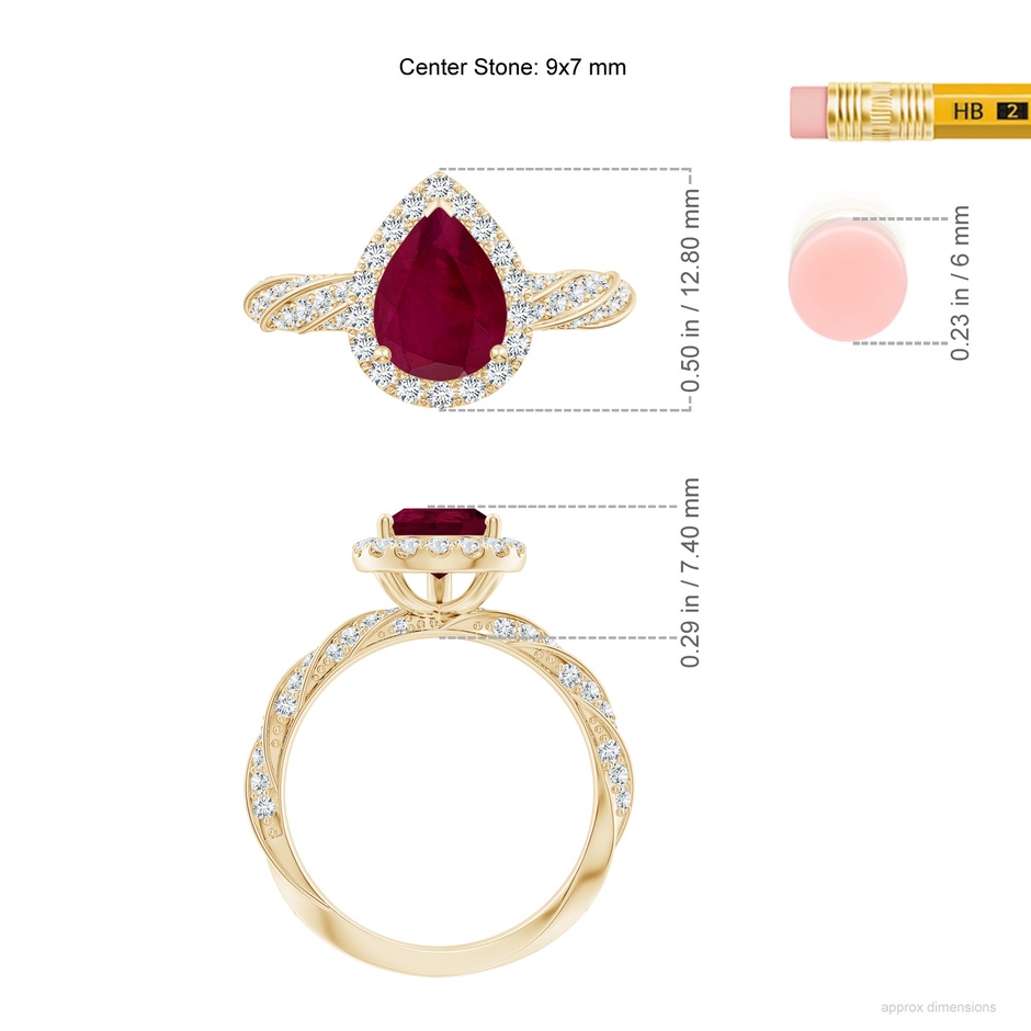 9x7mm A Pear Ruby Halo Twisted Rope Shank Engagement Ring in Yellow Gold ruler