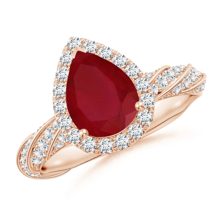 9x7mm AA Pear Ruby Halo Twisted Rope Shank Engagement Ring in Rose Gold 