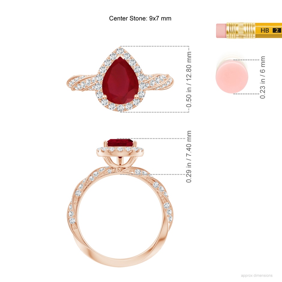 9x7mm AA Pear Ruby Halo Twisted Rope Shank Engagement Ring in Rose Gold ruler