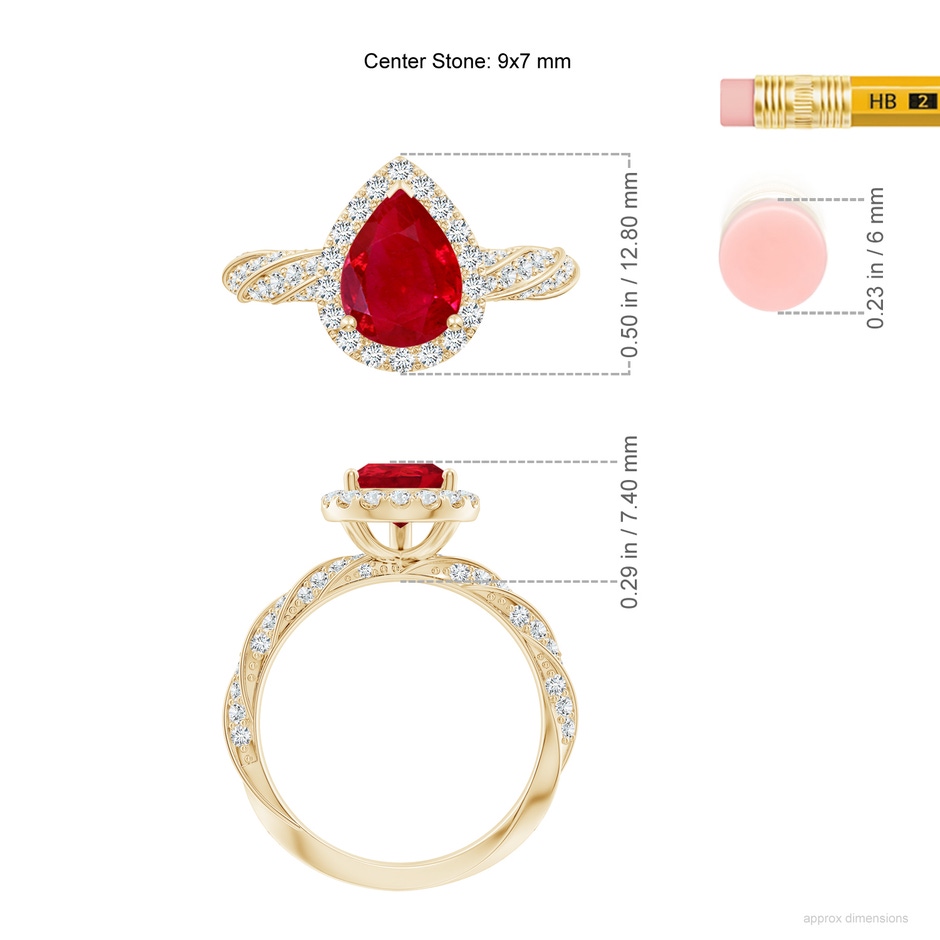 9x7mm AAA Pear Ruby Halo Twisted Rope Shank Engagement Ring in Yellow Gold ruler