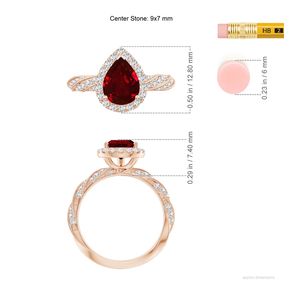 9x7mm AAAA Pear Ruby Halo Twisted Rope Shank Engagement Ring in 18K Rose Gold ruler