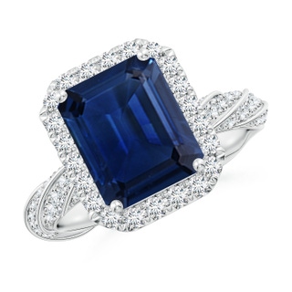 10x8mm AAA Emerald-Cut Blue Sapphire Halo Twisted Rope Shank Engagement Ring in P950 Platinum