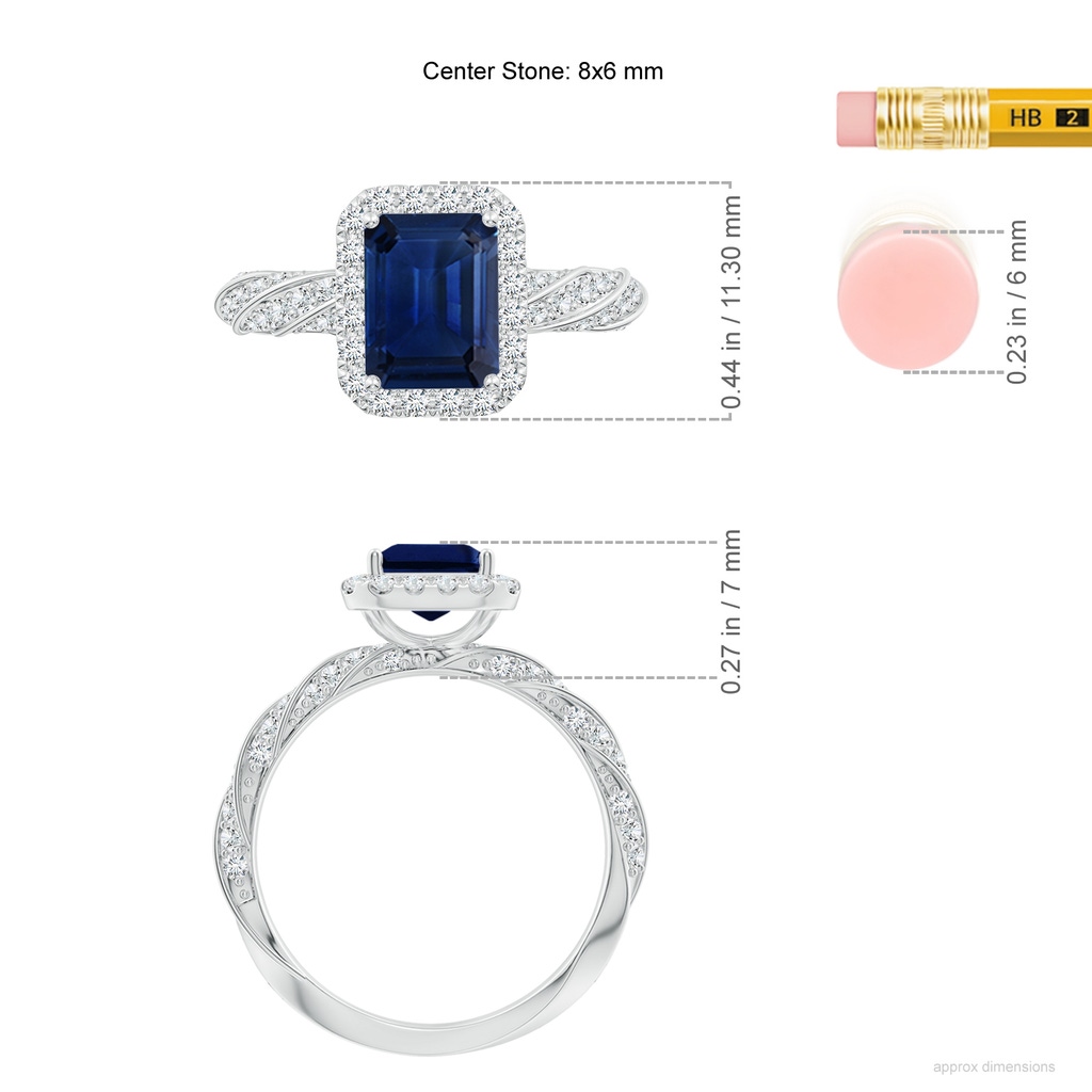 8x6mm AAA Emerald-Cut Blue Sapphire Halo Twisted Rope Shank Engagement Ring in P950 Platinum ruler