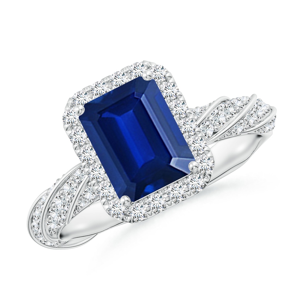 8x6mm Lab-Grown Emerald-Cut Blue Sapphire Halo Twisted Rope Shank Engagement Ring in White Gold