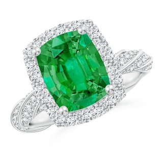 10x8mm AAA Cushion Rectangular Emerald Halo Twisted Rope Shank Engagement Ring in P950 Platinum