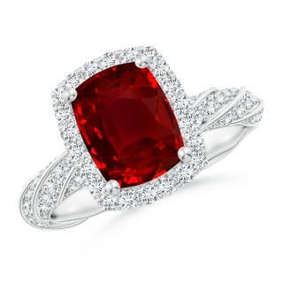 9x7mm AAAA Cushion Rectangular Ruby Halo Twisted Rope Shank Engagement Ring in P950 Platinum