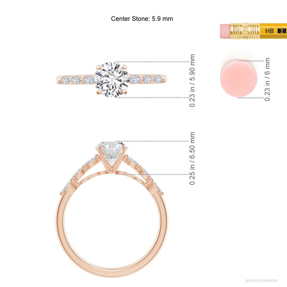 5.9mm HSI2 Round Diamond Engagement Ring with Marquise Accents in Rose Gold ruler