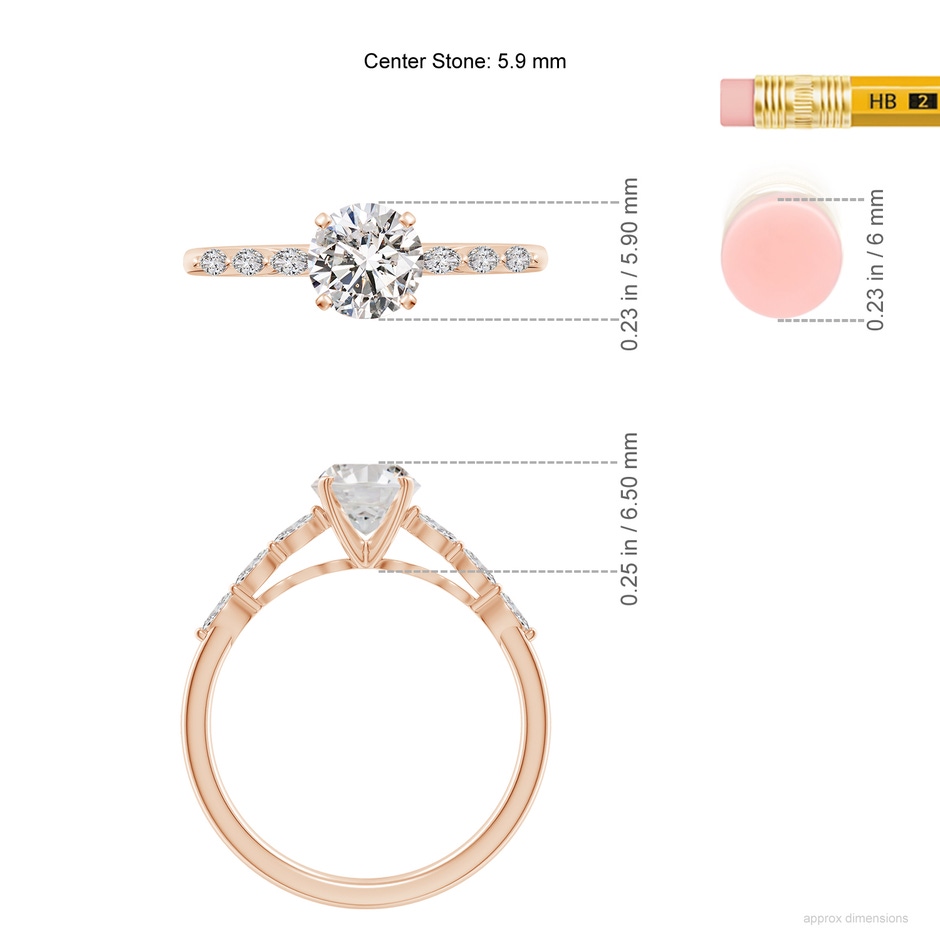 5.9mm IJI1I2 Round Diamond Engagement Ring with Marquise Accents in Rose Gold ruler