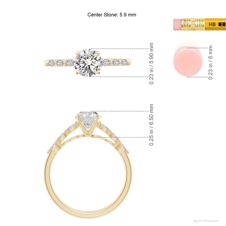5.9mm IJI1I2 Round Diamond Engagement Ring with Marquise Accents in Yellow Gold ruler