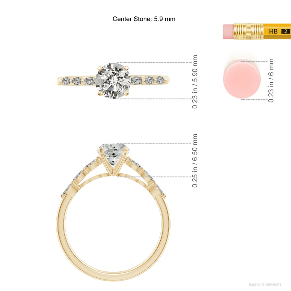 5.9mm KI3 Round Diamond Engagement Ring with Marquise Accents in Yellow Gold ruler