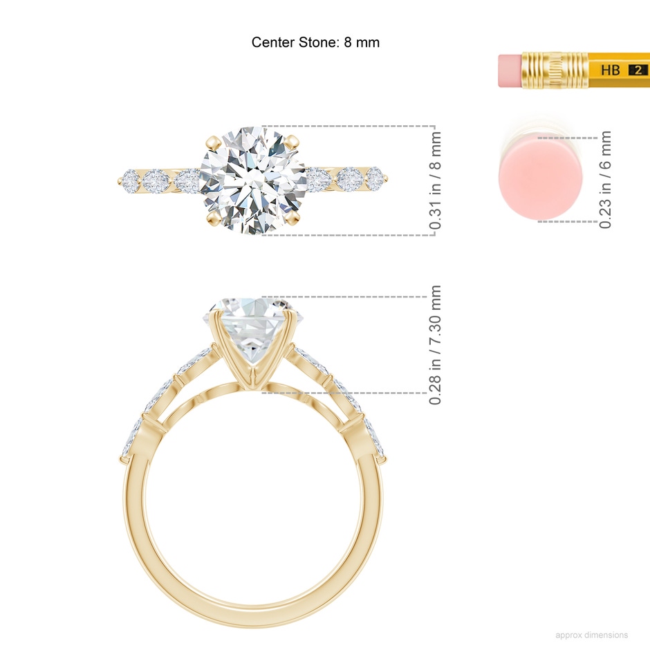 8mm GVS2 Round Diamond Engagement Ring with Marquise Accents in Yellow Gold ruler