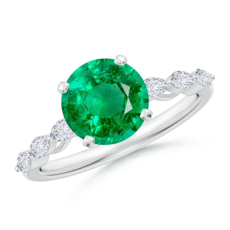 8mm AAA Round Emerald Engagement Ring with Marquise Diamonds in White Gold 