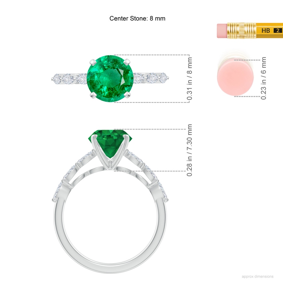 8mm AAA Round Emerald Engagement Ring with Marquise Diamonds in White Gold ruler