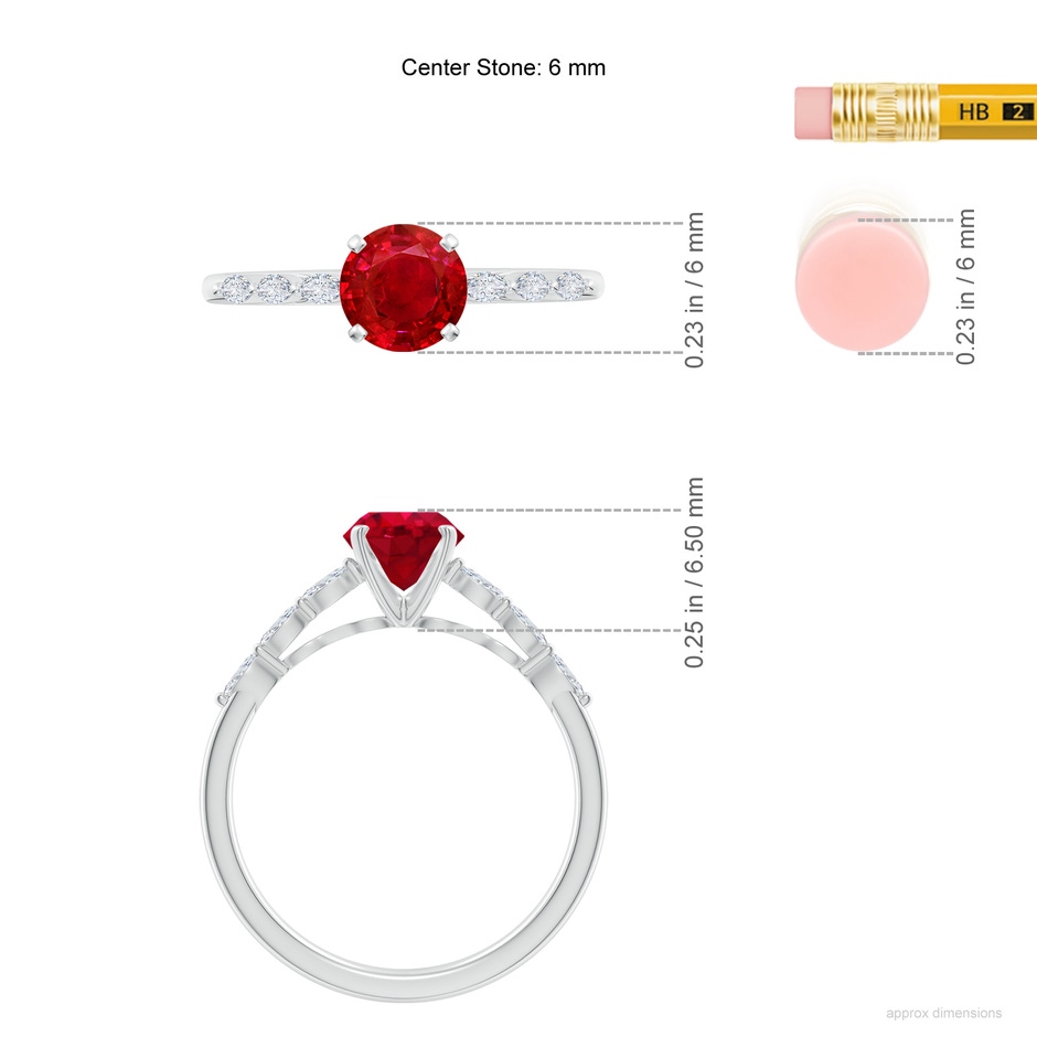 6mm AAA Round Ruby Engagement Ring with Marquise Diamonds in White Gold ruler