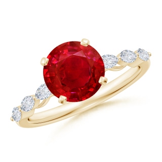 8mm AAA Round Ruby Engagement Ring with Marquise Diamonds in 18K Yellow Gold