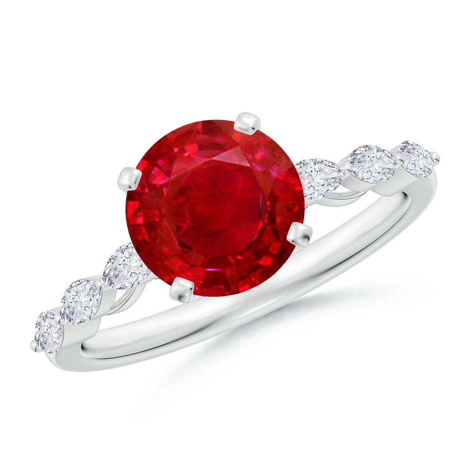 8mm AAA Round Ruby Engagement Ring with Marquise Diamonds in White Gold 