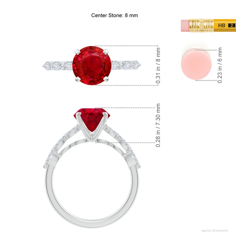 8mm AAA Round Ruby Engagement Ring with Marquise Diamonds in White Gold ruler