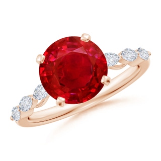 9mm AAA Round Ruby Engagement Ring with Marquise Diamonds in Rose Gold