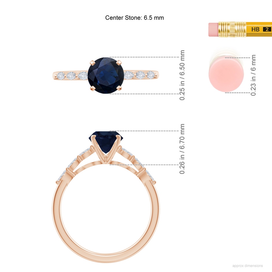6.5mm A Round Blue Sapphire Engagement Ring with Marquise Diamonds in Rose Gold ruler