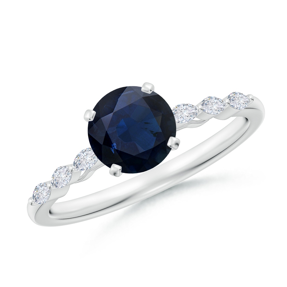 6.5mm A Round Blue Sapphire Engagement Ring with Marquise Diamonds in White Gold 