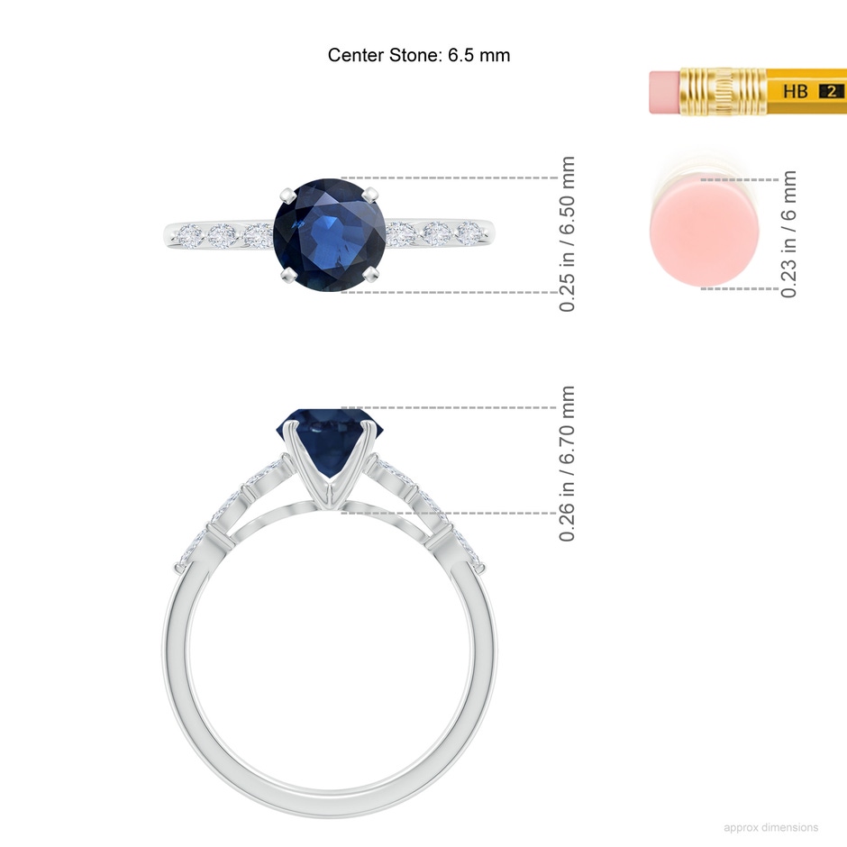 6.5mm AA Round Blue Sapphire Engagement Ring with Marquise Diamonds in P950 Platinum ruler