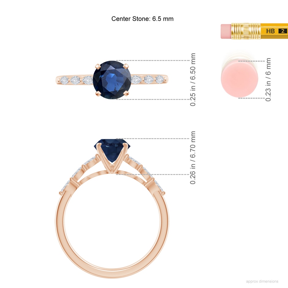 6.5mm AA Round Blue Sapphire Engagement Ring with Marquise Diamonds in Rose Gold ruler