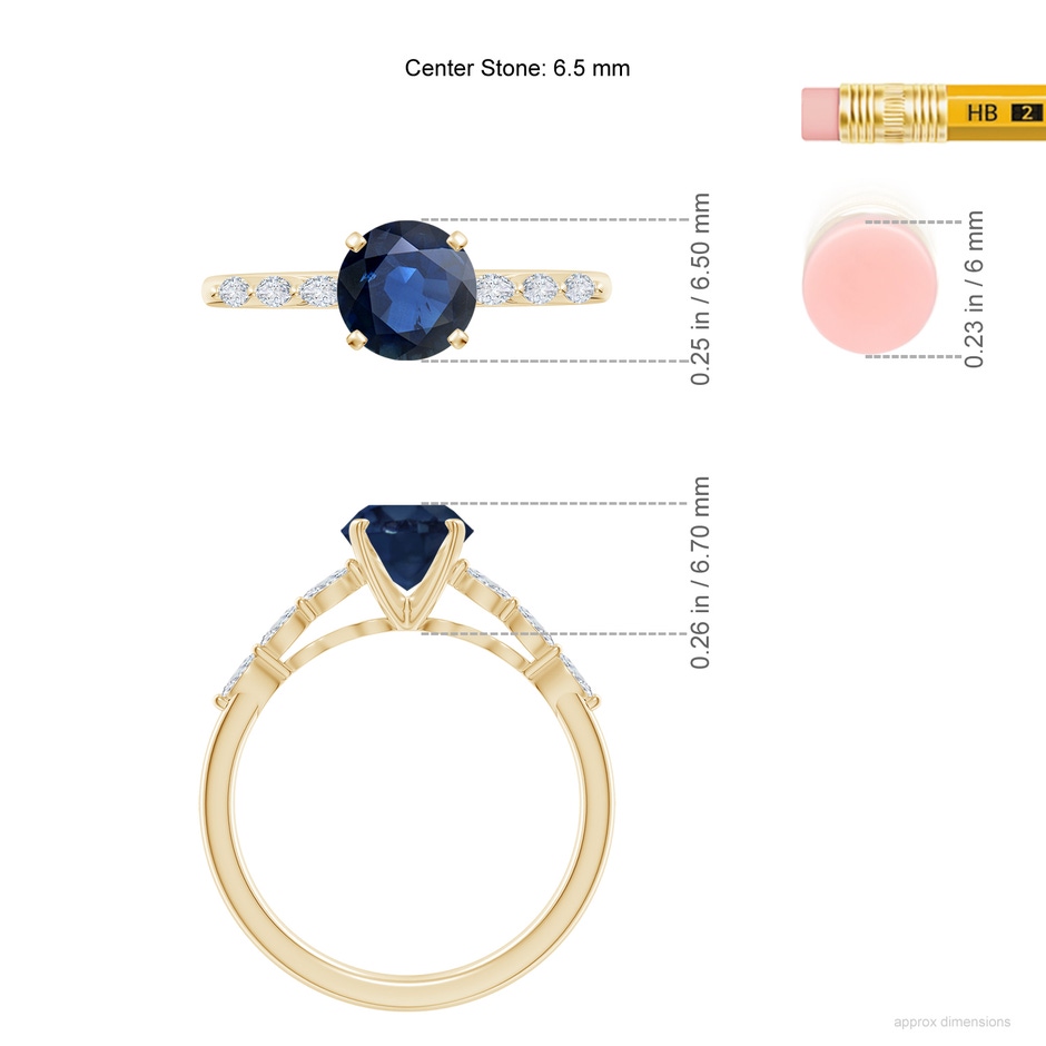 6.5mm AA Round Blue Sapphire Engagement Ring with Marquise Diamonds in Yellow Gold ruler