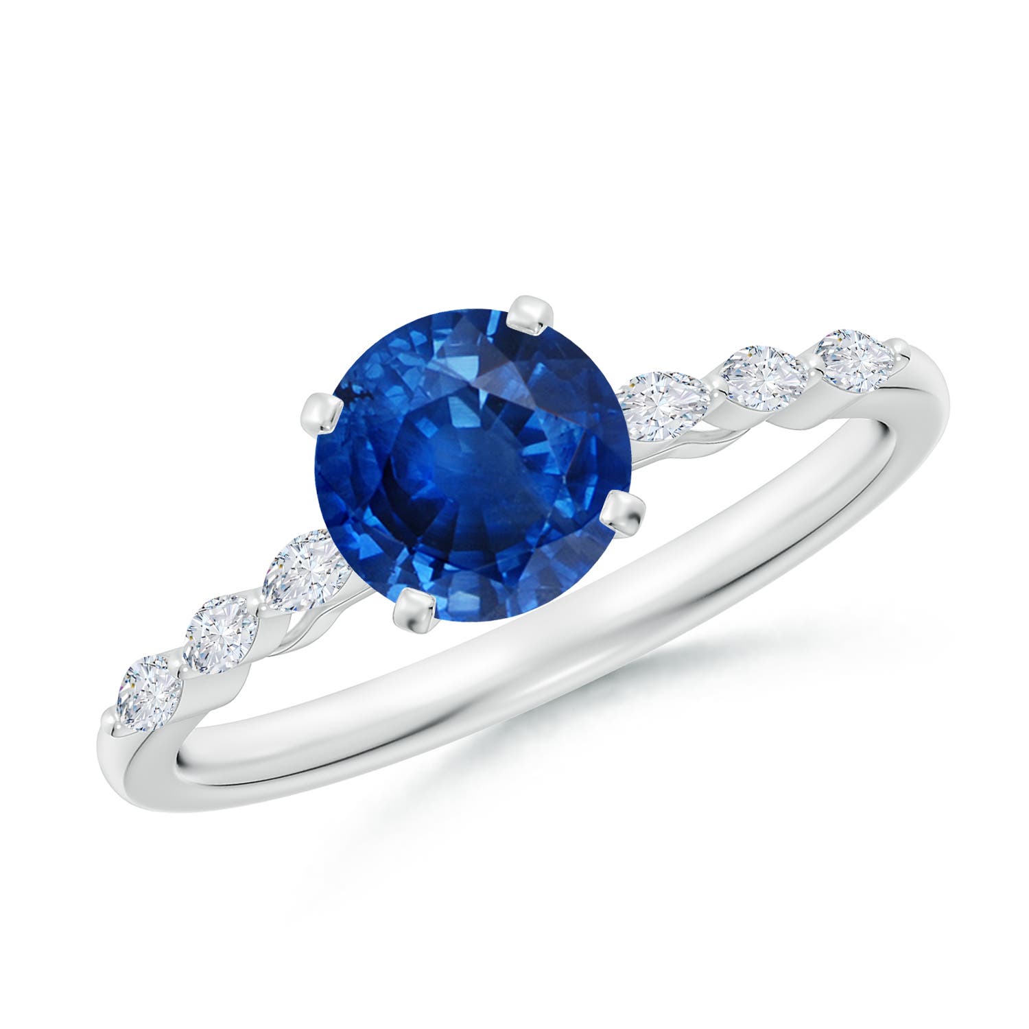 6.5mm AAA Round Blue Sapphire Engagement Ring with Marquise Diamonds in 18CT White Gold