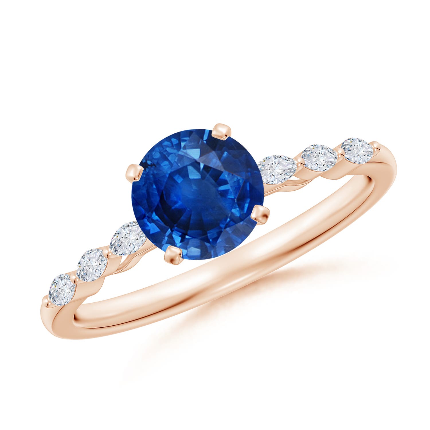 6.5mm AAA Round Blue Sapphire Engagement Ring with Marquise Diamonds in Rose Gold